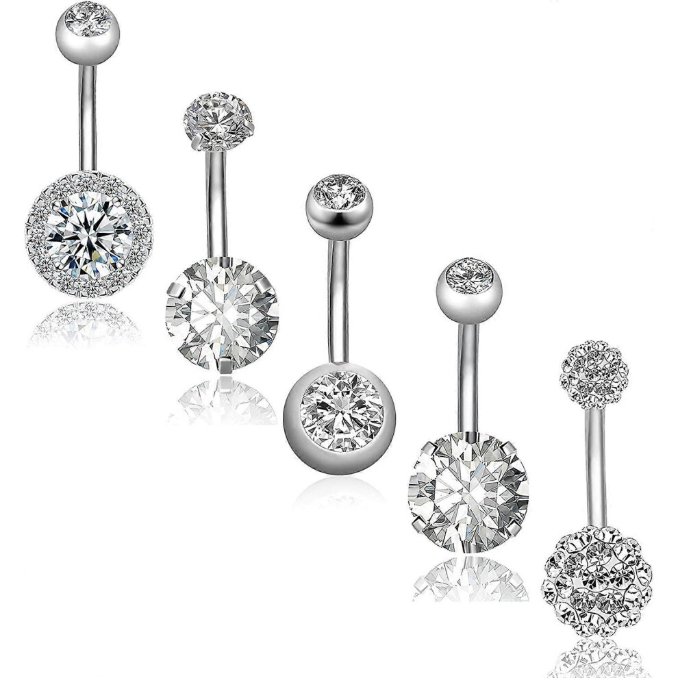 Konhill (C-4Pcs One Size) 5Pcs 14G Stainless Steel Belly Button Rings For Women Girls Navel Rings Cz Body Piercing White