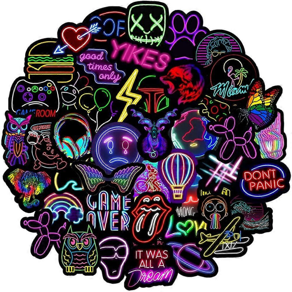 Konhill (As Show, One Size) Neon Stickers For Adults, 50Pcs Waterproof Vinyl Stickers Pack For Water Bottle, Hydro Flask, Laptop, Skateboard, Luggage, Phone