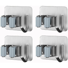 (As show, One size) wall Mounted Broom Holder, Stainless Steel, Adhesive Mop Holder With Hooks, Multi-function Broom Cupboard For Kitchen, Garden, Bathroom