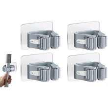 (As show, One size) 4 Pieces Wall Mounted Broom Holder Self Adhesive Mop Holder Broom Hanger Wall Mounted No Drilling Broom Clip Holders Gray Mop Broom Holde