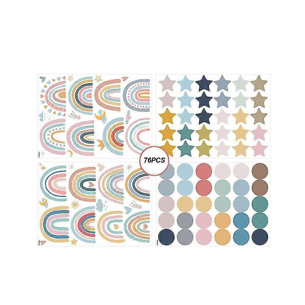 (As Show, One Size) 76Pcs Rainbow Wall Stickers Decals Stars Dots Kids Bedroom Nursery Wall Decor Fitville