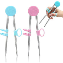 (Blue- Pink, One size) 2 Pairs Training Chopsticks for Kids, Children Adult Learning Chopsticks Helper Stainless Steel Reusable Metal Chopsticks (Blue, Pink) Blue, Pink -
