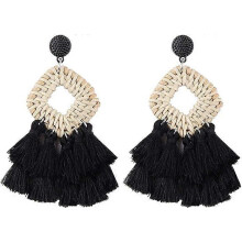 (As show, One size) Bohemia Tassel Earrings Statement Handmade Dangle Ethnic Fringe Earrings Bamboo Weaving Geometric Square Sector Gifts for Women Girls