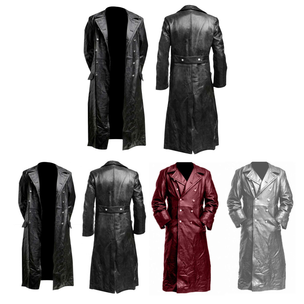 Fitville Men's Black (L, ) German Classic Military Officer Ww2 Uniform Cosplay Genuine Leather Trench Coat