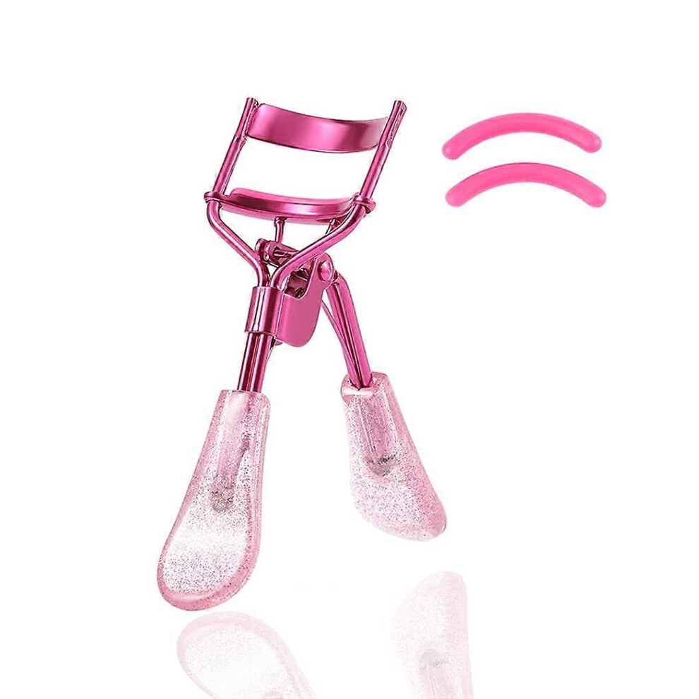 (As show, One size) with 2 Silicone Refill Pads Glitter Handle Eye Lashes Curler Eyelashes Tool (Pink)