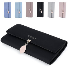 (Pink, One size) Ladies Purse, Women's Wallet with Multiple Card Slots, PU Leather Long Wallet with Leaf Pendant Card Holders Phone Pocket Zipper Coin Purse Black