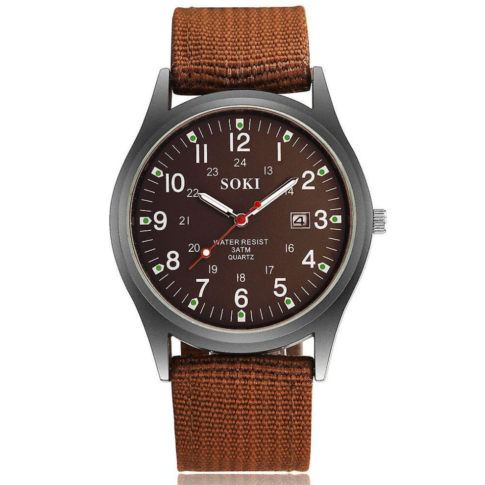 (Brown) Men Military Army Mens Date Canvas Strap Analog Quartz Sport Wrist Watch Gifts Brown