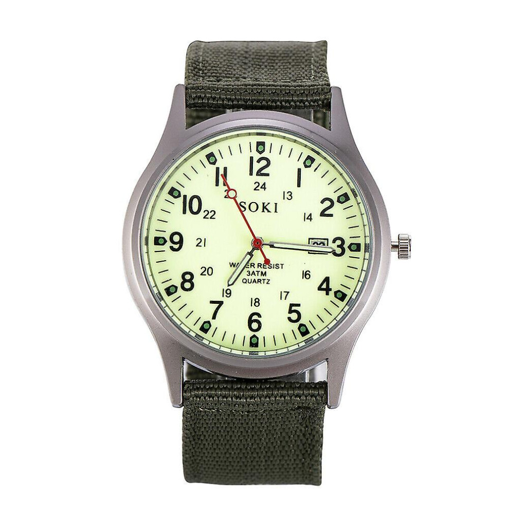 (Luminous ) Men Military Army Mens Date Canvas Strap Analog Quartz Sport Wrist Watch Gifts Green