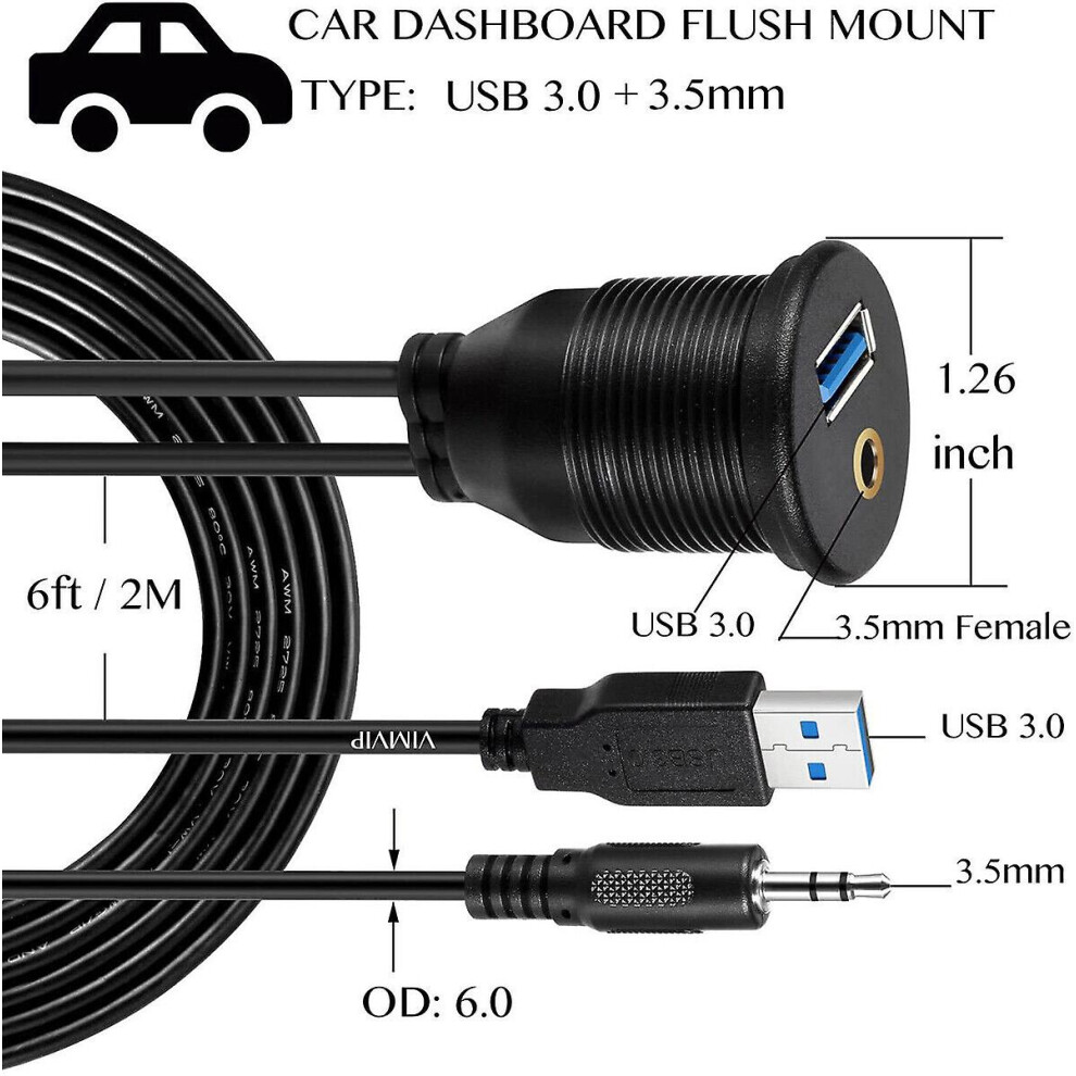 (1M / 3FT) Dual USB 3.0 & 3.5mm Car Boat Truck Dash Panel Flush Mount Cable AUX Extension