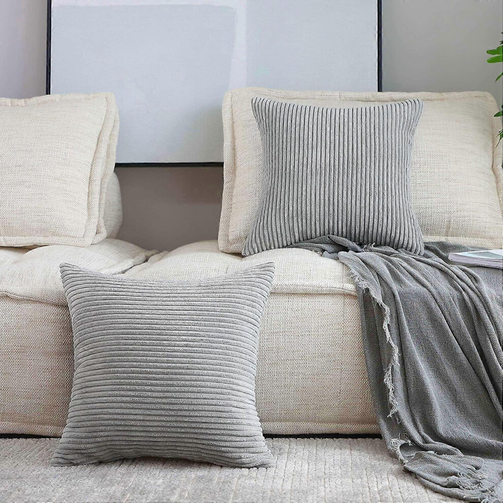 Konhill (As Show, One Size) Throw Pillow Covers 18 X 18 Set Of 2 Striped Velvet Corduroy Couch Pillow Covers Decorative Pillows For Couch Chair Bed, Ligh Gray
