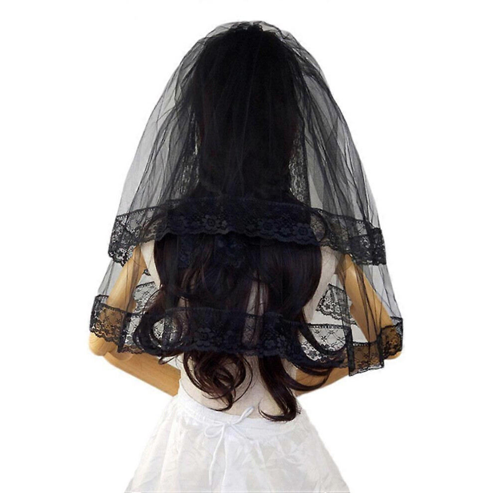 Kricely (As Show, One Size) Kids Veil Double Layer Lace Veil Short Cosplay Bridal Wedding Veil Hair Accessories With Hair Comb For Photography Party Black