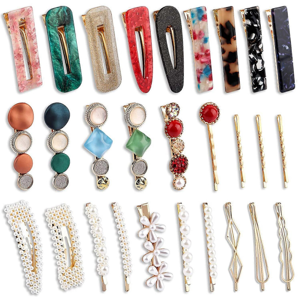 Konhill (As Show, One Size) Pearl Hair Clips Accessories For Women Girls, 28Pcs Cute Acrylic Resin Gold Barrettes Bobby Hair Pins, Weddings Hairpins Accessori White,Gold