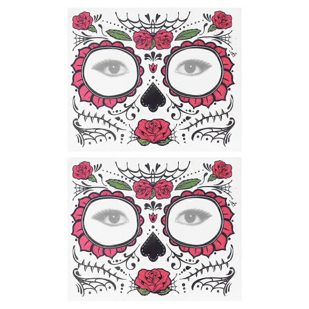 Kricely (As Show, One Size) 2Pcs Temporary Skeleton Tattoos Day Of The Dead Supplies Waterproof Face Tattos For Halloween(T-009)