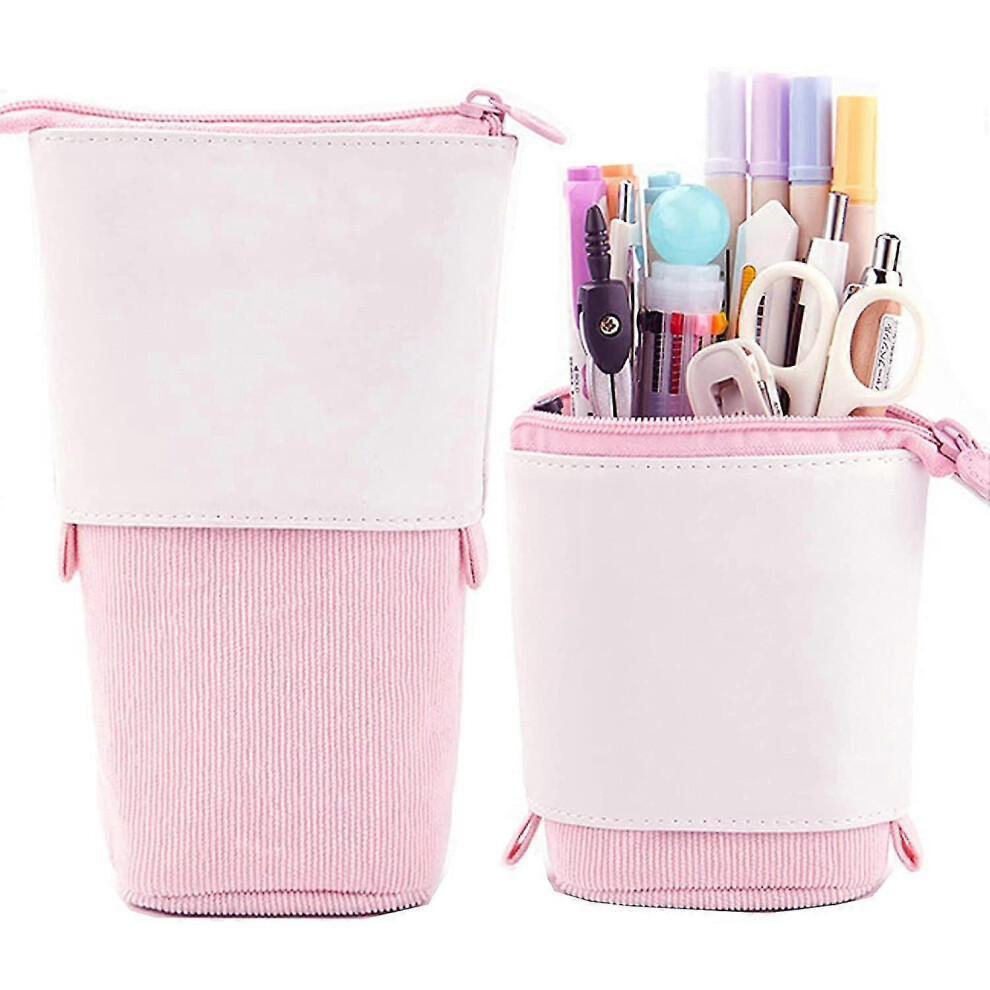 Konhill Pink (As Show, One Size) Telescopic Holder Stationery Case, Corduroy Stand-Up Transformer Bag Colorful Organizer, Great For Easter Spring Cosmetics Pouch M