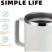(As show, One size) 12oz Coffee Cup With Handle And Sliding Lid, Stainless Steel Tea Cup For Hot And Cold Drinks, Double-wall Vacuum Insulation (white