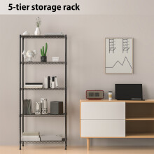 (5 Tier) Black Powder Coated Wire Shelving Unit Sturdy Metal Storage Rack for Kitchen, Bathroom, Garage, and Home Organization