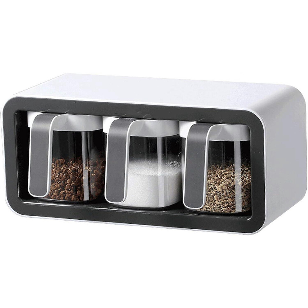 Konhill (As Show, One Size) Spice Boxes, Transparent Spice Container,3 Grid Seasoning Box With Handle Spoon, Household Seasoning Jar Storage Rack, Large Capac