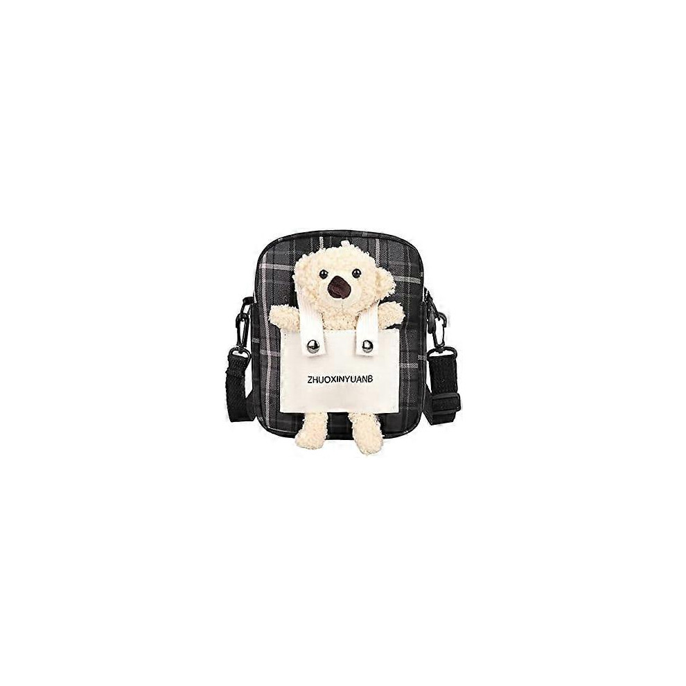Konhill (As Show, One Size) Cute Bear Plaid Bag Kawaii Ulzzang Japanese Korean Messenger Small Bag College Style Casual Shoulder Bag (Black) Black