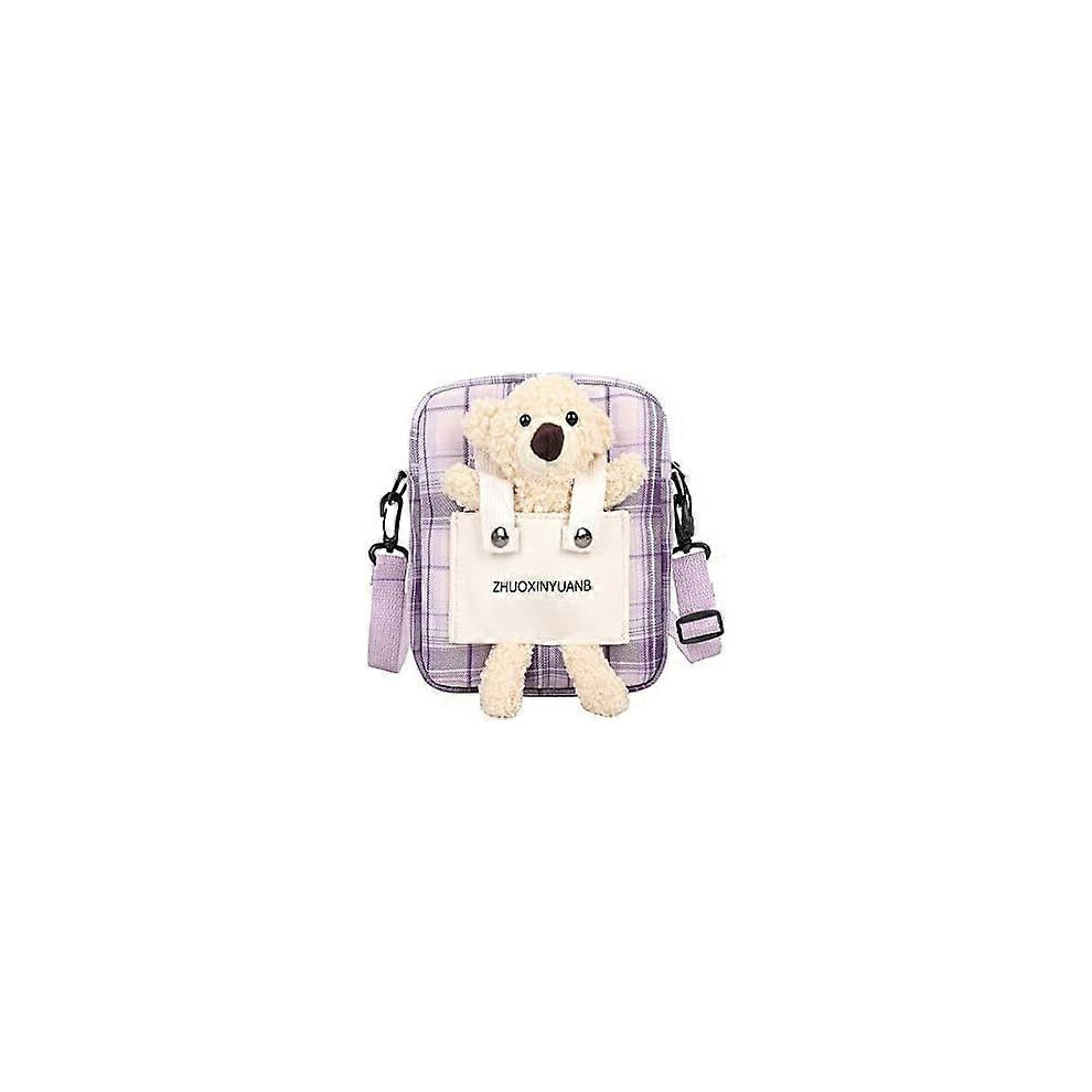 Konhill (As Show, One Size) Cute Bear Plaid Bag Kawaii Ulzzang Japanese Korean Messenger Small Bag College Style Casual Shoulder Bag (Purple) Purple