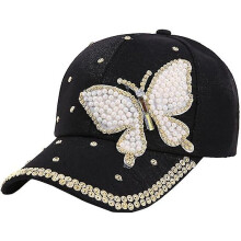 (As show, One size) Women's Bling Rhinestone Butterfly Baseball Cap Adjustable Hip Hop Hat
