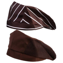 (As show, One size) 2pcs Restaurant Waiter Beret Kitchen Working Creative Chef Hat Comfortable Cooking (Coffee White Stripe, Coffee Net)