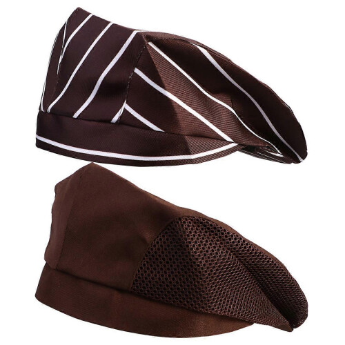 (As show, One size) 2pcs Restaurant Waiter Beret Kitchen Working Creative Chef Hat Comfortable Cooking (Coffee White Stripe, Coffee Net)