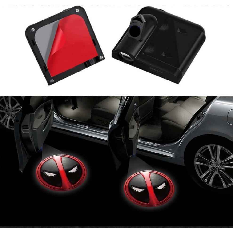 Konhill (As Show, One Size) Fit Deadpool Car Door Logo Projector Hd Ghost Shadow Welcome 2Pcs Car Door Puddle S For Deadpool Car Accessoriaes Light