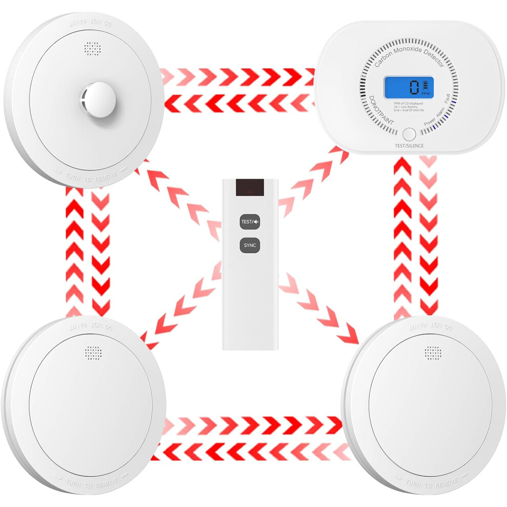 Wireless Connected Smoke, Heat and Carbon Monoxide Alarm Kit, Pre-wired Home Fire Detectors, 4-Pack 1 Remote Control (2nd Generation)