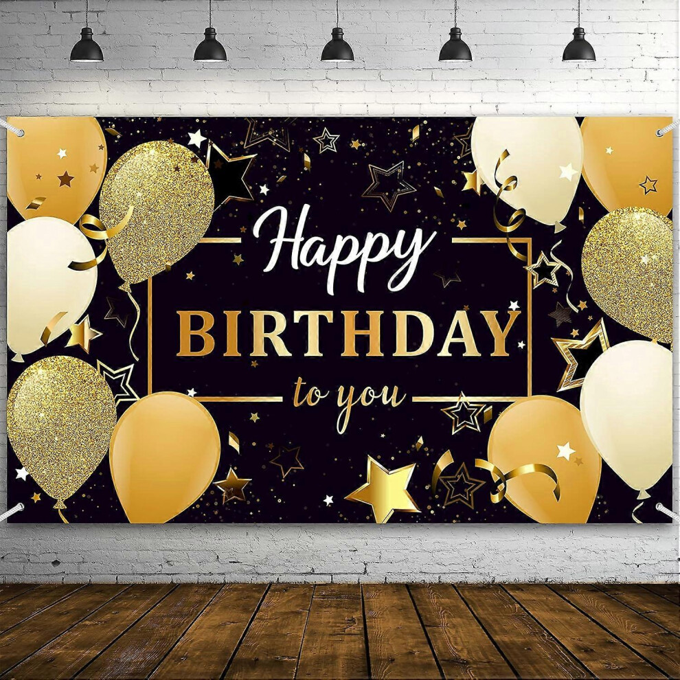 Konhill (As Show, One Size) Happy Birthday Party Decorations, Extra Large Fabric And Happy Birthday To You Sign Backdrop Banner Photo Booth Backgro Black/Gold