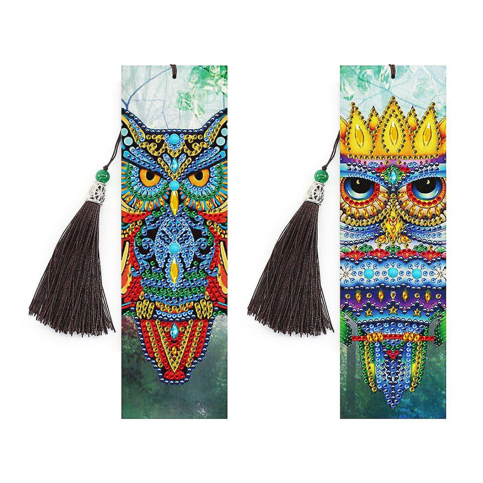 Konhill (As Show, One Size) 2 Pcs 5D Diamond Painting Bookmarks Diy Beaded Bookmark Kit Handmade Leather Crystal Pendant Charm With Tassel For Office School