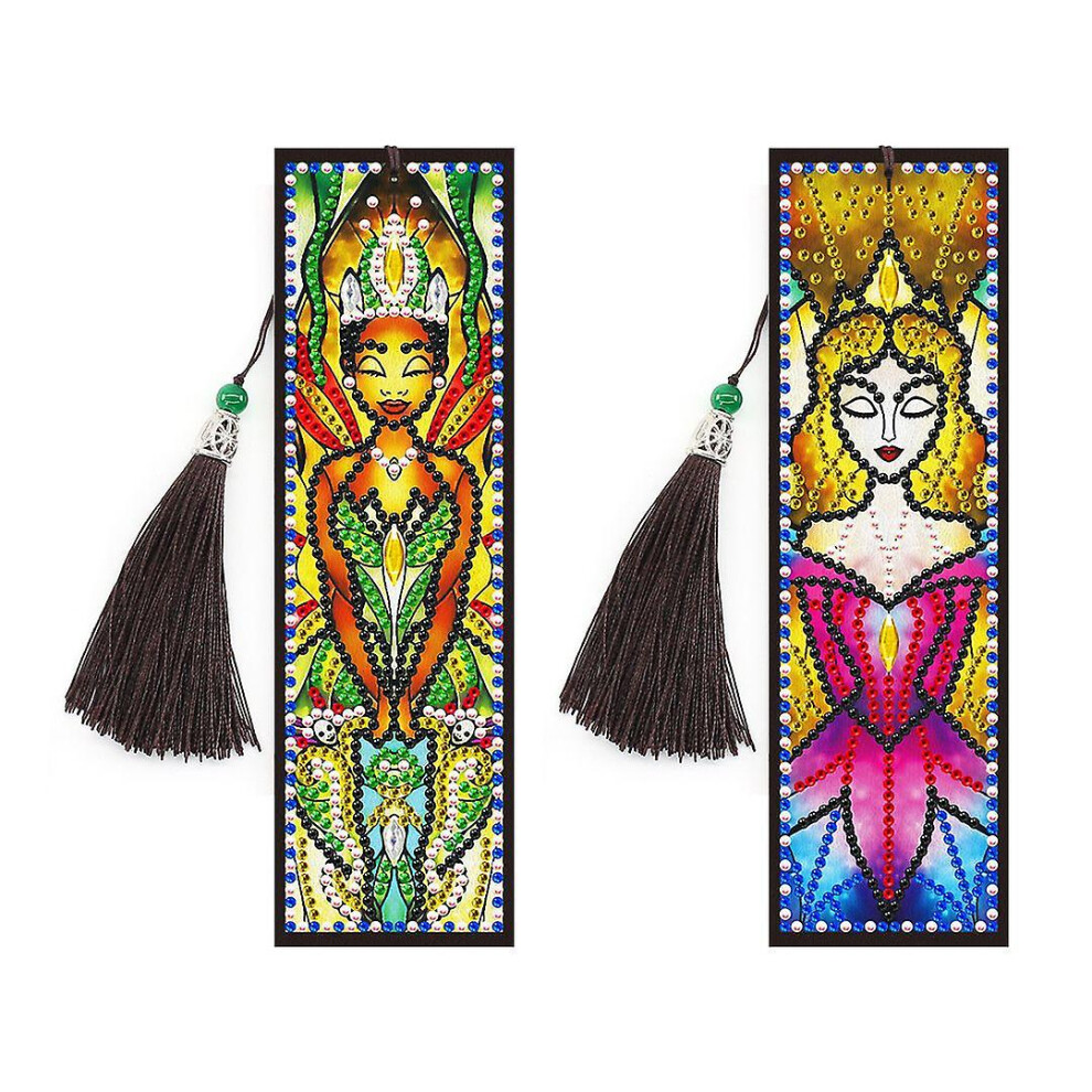 Konhill (As Show, One Size) 2 Pcs 5D Diamond Painting Bookmarks Diy Beaded Bookmark Kit Handmade Leather Crystal Pendant Charm With Tassel For Office School