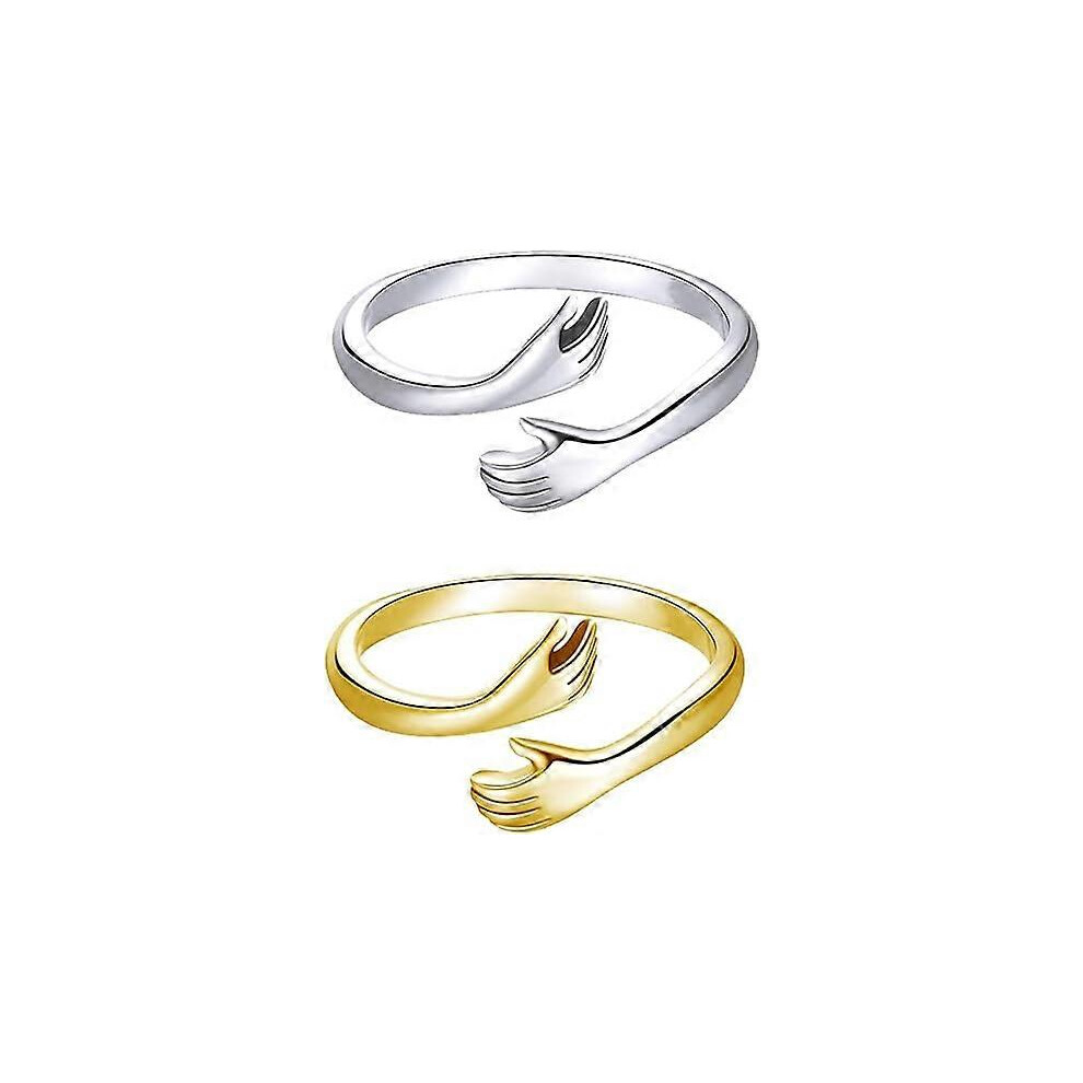 Konhill (As Show, One Size) 2 Pieces Hugging Hands Finger Rings Golden Plated Hands Embrace Open Rings Adjustable Couple Hug Rings Romantic Lover State Silver