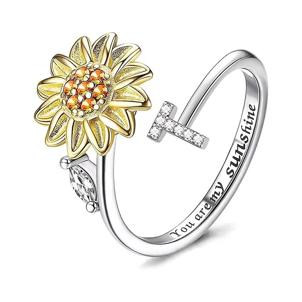 Konhill (As Show, One Size) Fidget Rings For Anxiety For Women Sunflower Initial Letter Spinner Ring Open Adjustable Ring Cz Rings Daisy Stress Relieving Ring
