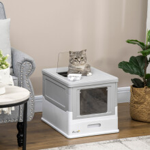 PawHut Hooded Cat Litter Box, Pet Toilet w/ Scoop, Tray - Grey