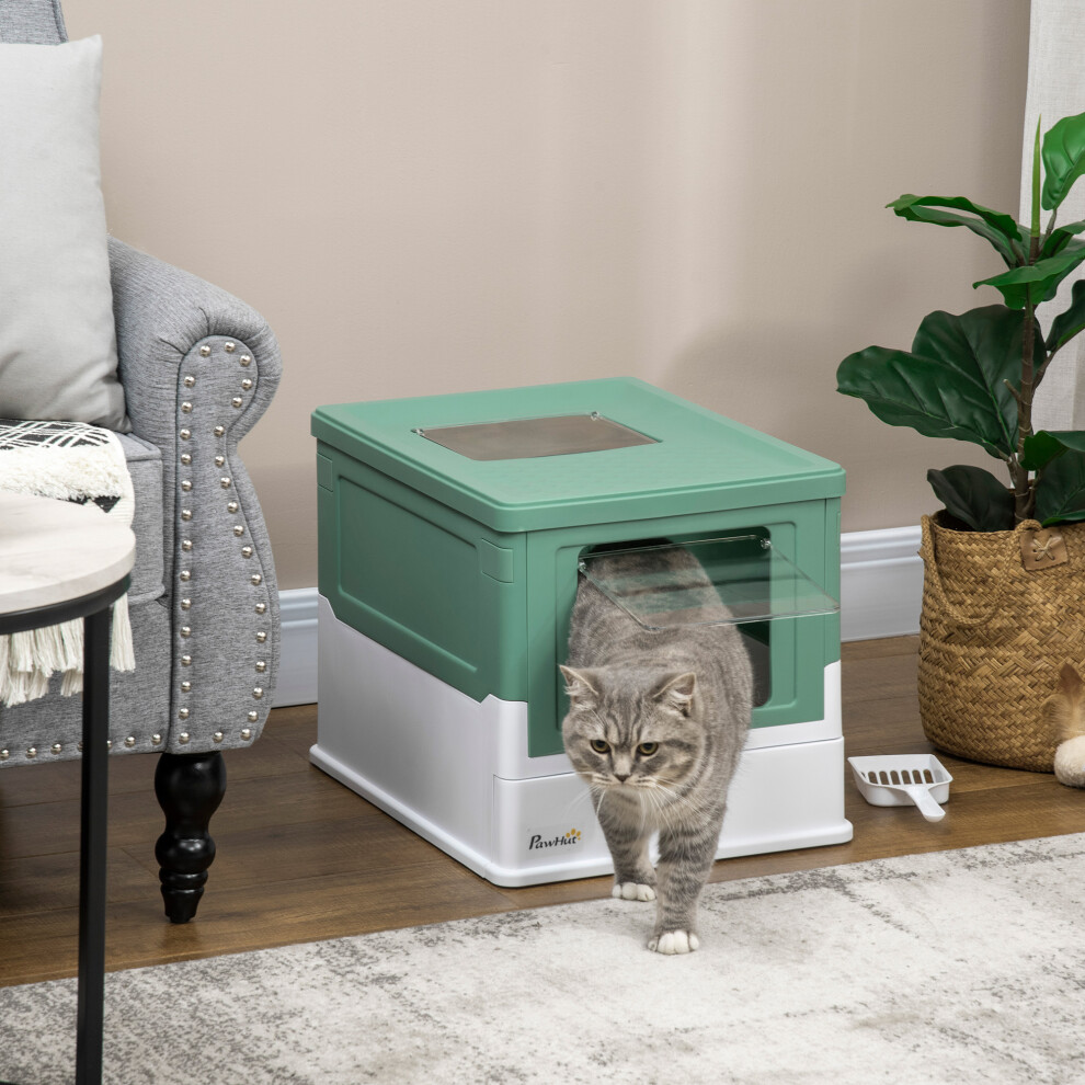 Pawhut Hooded Cat Litter Box, Pet Toilet W/ Scoop, Tray - Green