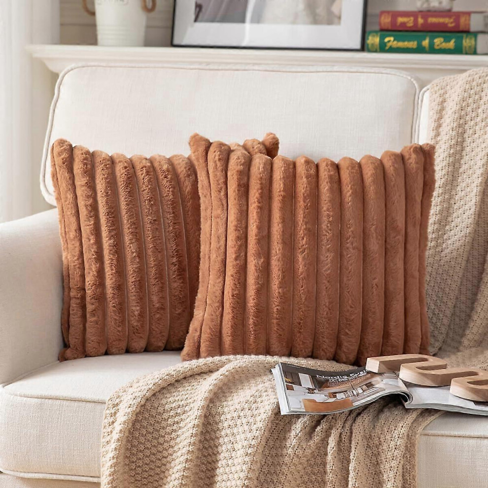 Konhill (As Show, One Size) Pack Of 2,Double-Sided Faux Fur Plush Decorative Throw Pillow Covers Fuzzy Striped Soft Pillowcase Cushion Covers 18X18 Inch Brown