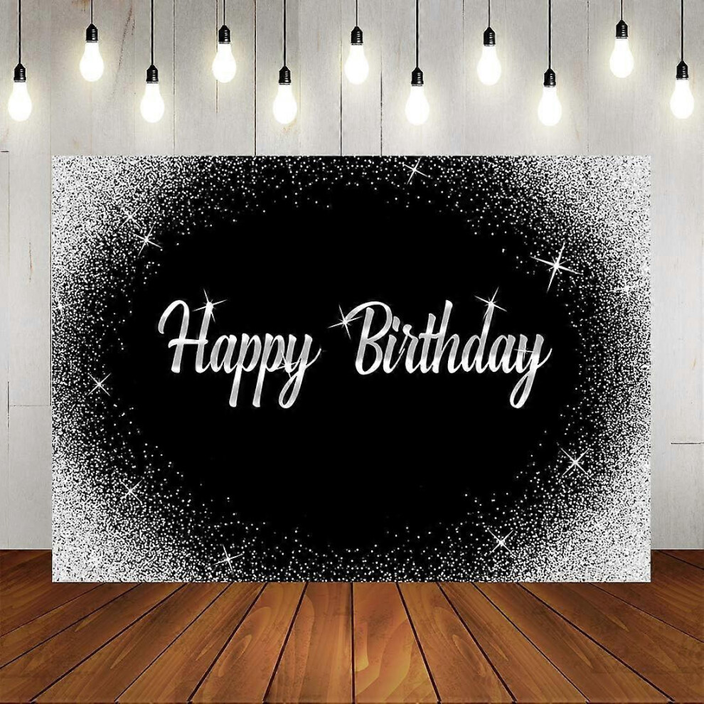 Konhill (As Show, One Size) Happy Birthday Backdrop Glitter Dots And Photography Background 7X5ft Birthday Party Decorations Banner For Any Age M Silver/Black