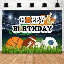 (As show, One size) 7x5 ft ball sport happy birthday background for kids boy lawn photography background baseball football rugby party decoration photo booth props