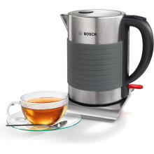 Bosch kabelloser Wasserkocher TWK7S05, 1,7 L, 2200 W, Abschaltautomatik, Überhitzungsschutz, Dampfstopp-Automatik, große Öffnung, schwarz/grau