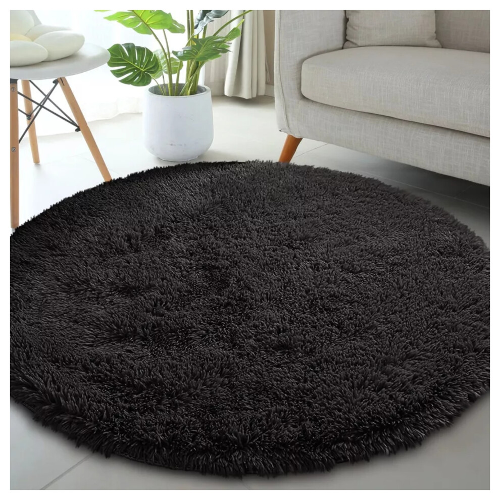 (120cm x 120cm (4 x 4 ft)- Circle Round Rug, Black) Anti Slip Shaggy Rug For Living Room Runner Carpet