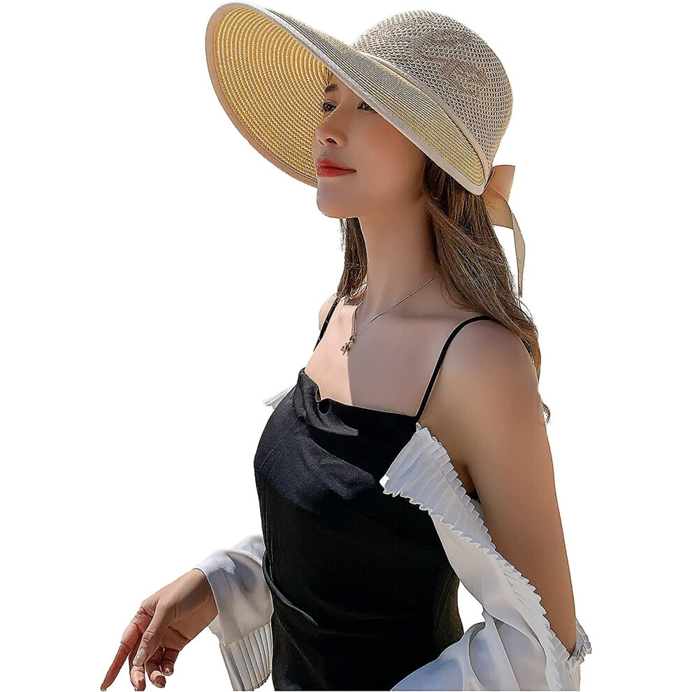 Konhill (As Show, One Size) Women Sun Hat Packable Straw Wide Brim Hat Beach Summer Hats Uv Protection Bow Hats