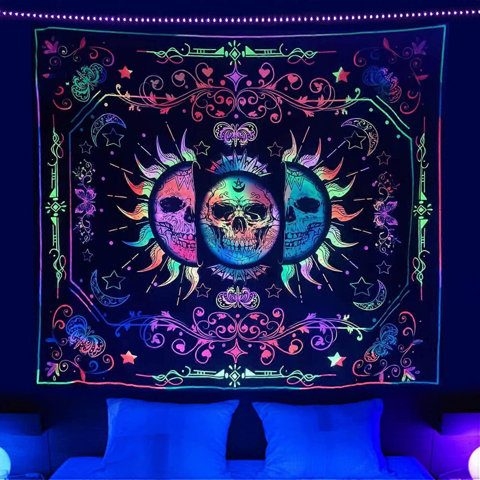 Konhill (As Show, One Size) Other Wall Decor Blacklight Trippy Sun And Moon Stars Tapestry Uv Reactive Skull Tapestry Psychedelic Wall Hanging Blacklight Skel