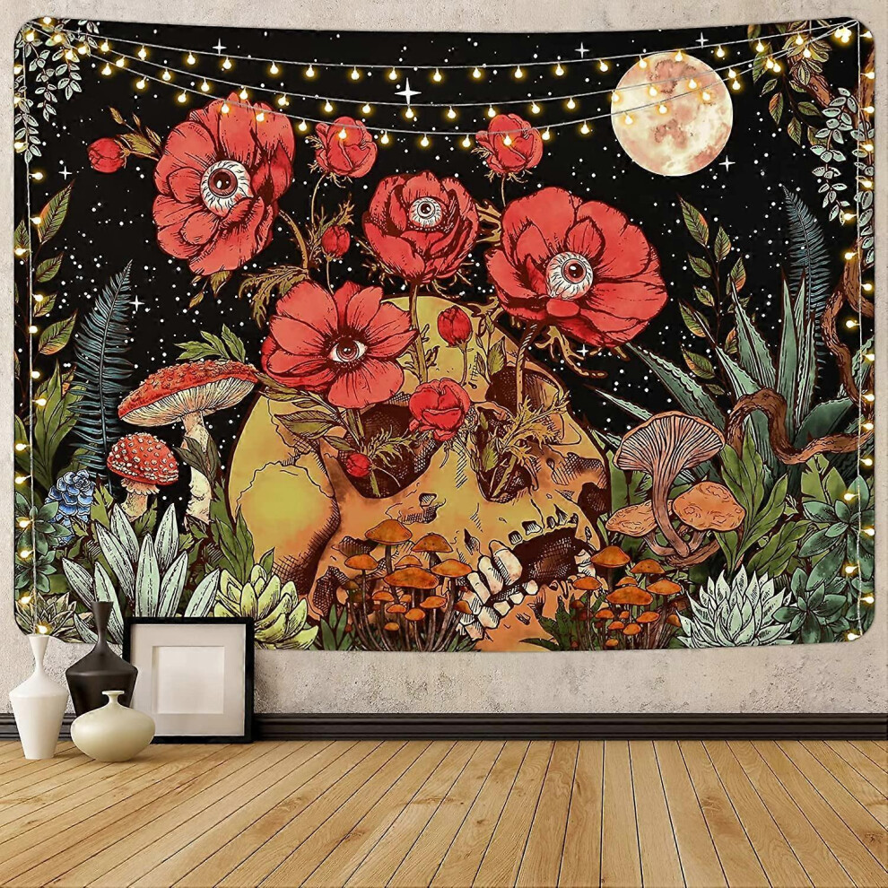 Konhill (As Show, One Size) Other Wall Decor 150X130cm Floral Skull Tapestry Flowers Skeleton Tapestry Moon Garden Tapestry Mushroom Plants Tapestry Trippy Vi