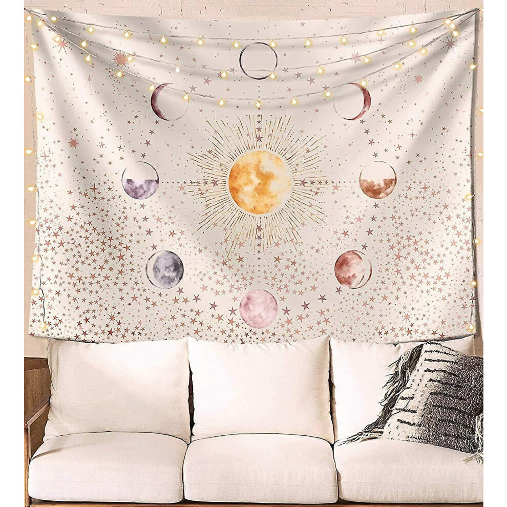 Konhill (As Show, One Size) Other Wall Decor 200X150cm Sun And Moon Phase Wall Tapestry Stars And Planet Universe Tapestry White/Beige