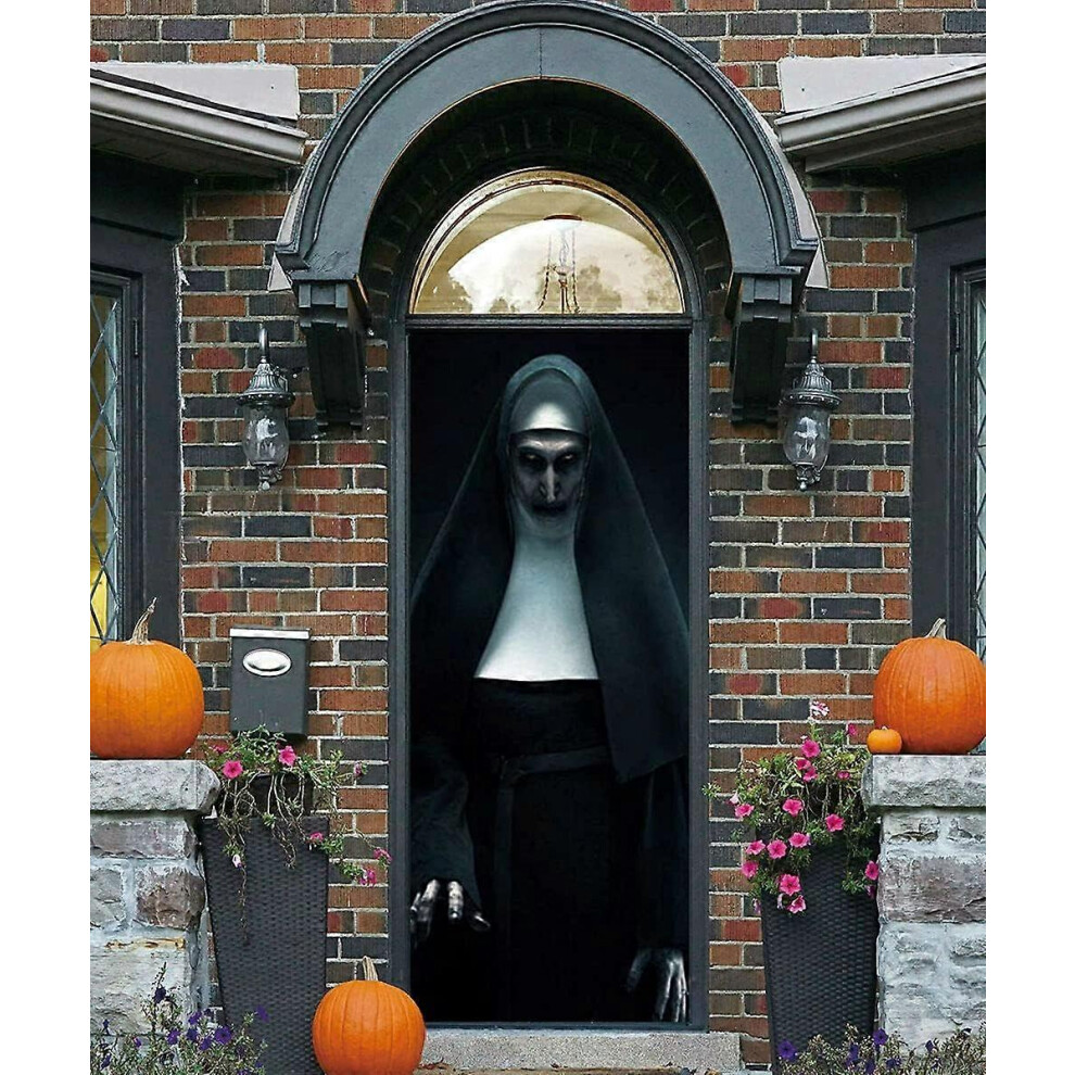 Konhill (As Show, One Size) Halloween 3D Nun Door Mural Sticker - 30 X 80 Inches Self Adhesive Door Decal Sticker Horror Ghost Nun Door Wallpaper Peel And Sti