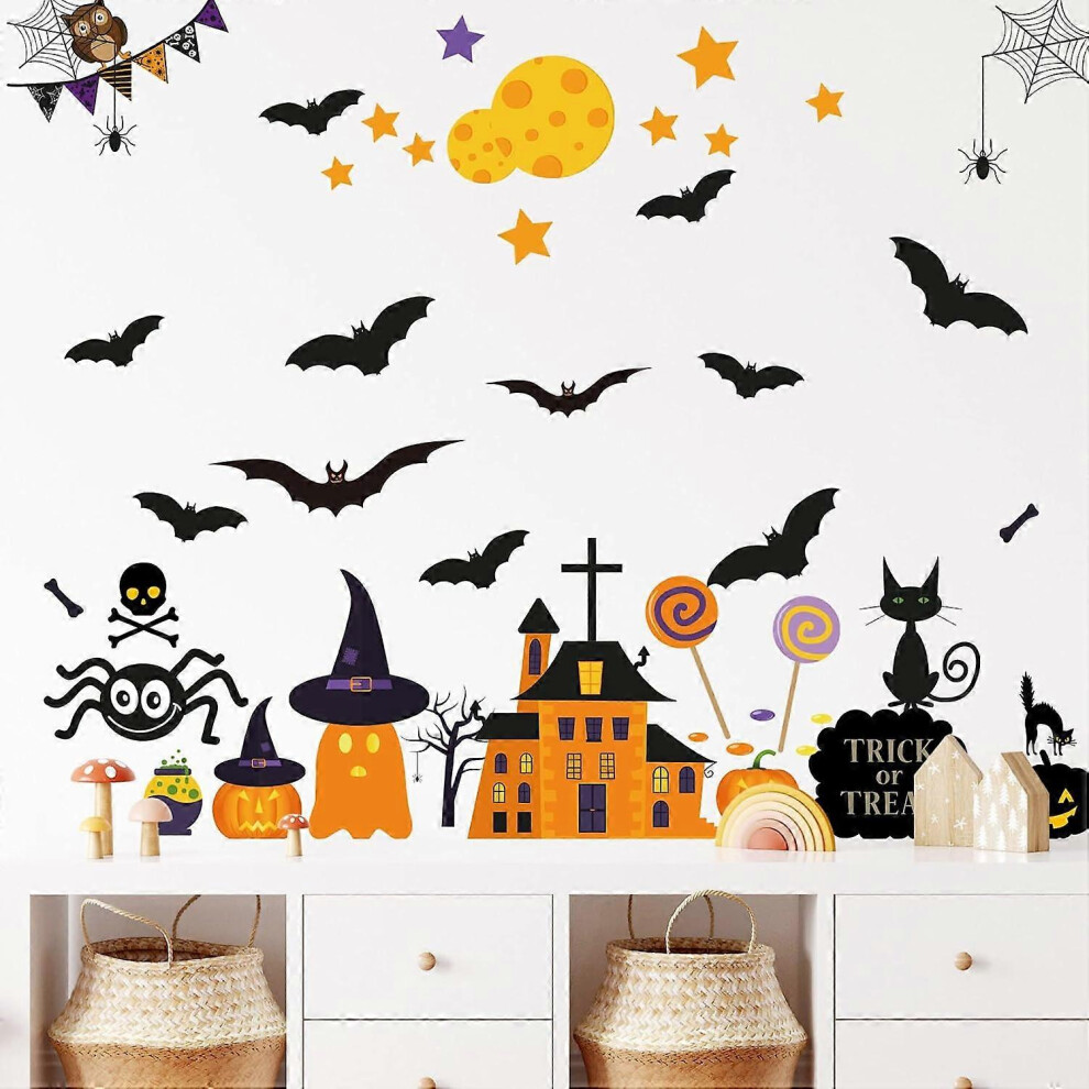 Konhill (As Show, One Size) Halloween Kitchen Decor Cat Wall Stickers Bats Spider Haunted House Pumpkins Spooky Scary Skeleton Decals Removable Gh Black
