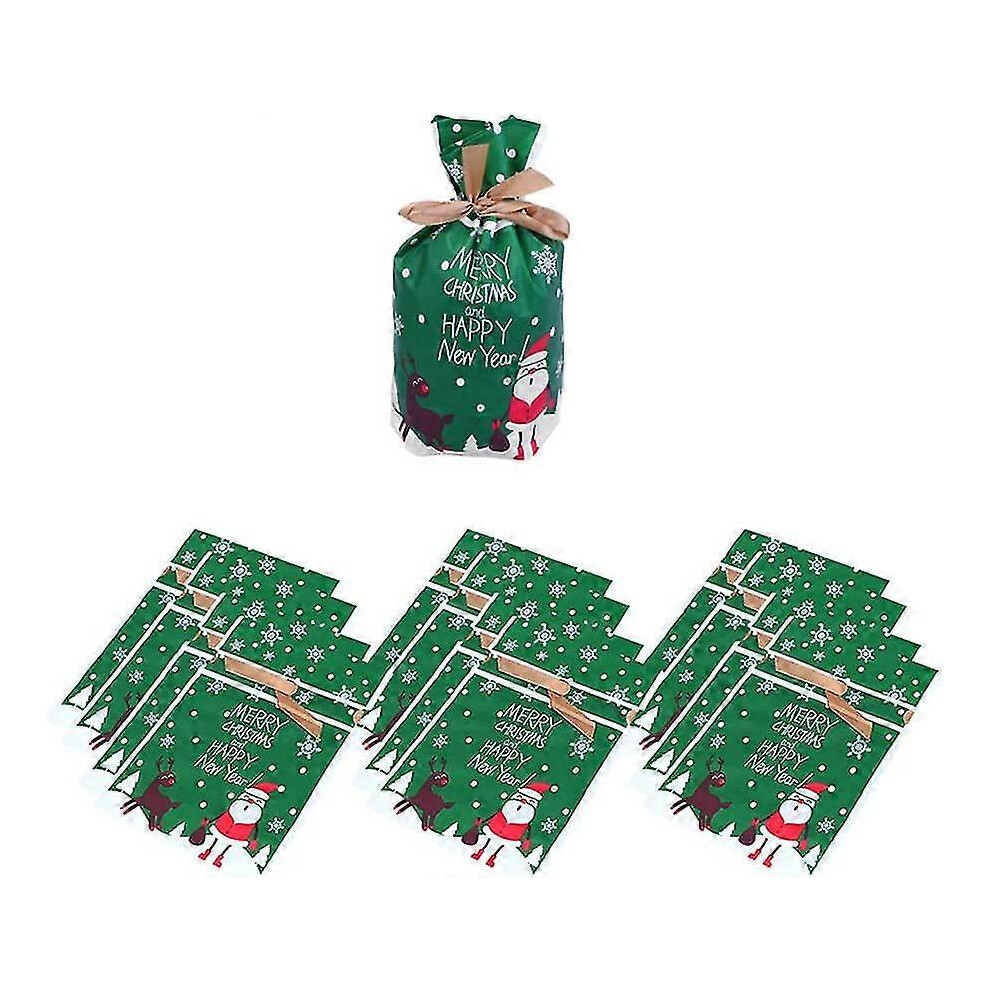 Konhill (As Show, One Size) Christmas Christmas Cartoon Cookie Bags Santa And Elk Drawstring Bag Self- Sealing Candy Pouch For Party(Green)(50Pcs) Green