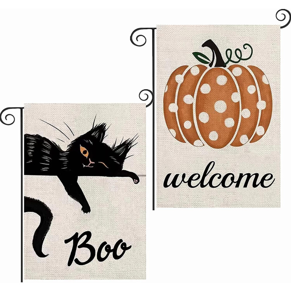 Konhill (As Show, One Size) 2Pcs Halloween Fall Thanksgiving Garden Flags, Double Sided Boo Cat And Pumpkin Welcome Outdoor Garden Flags, Burlap Vertica Black