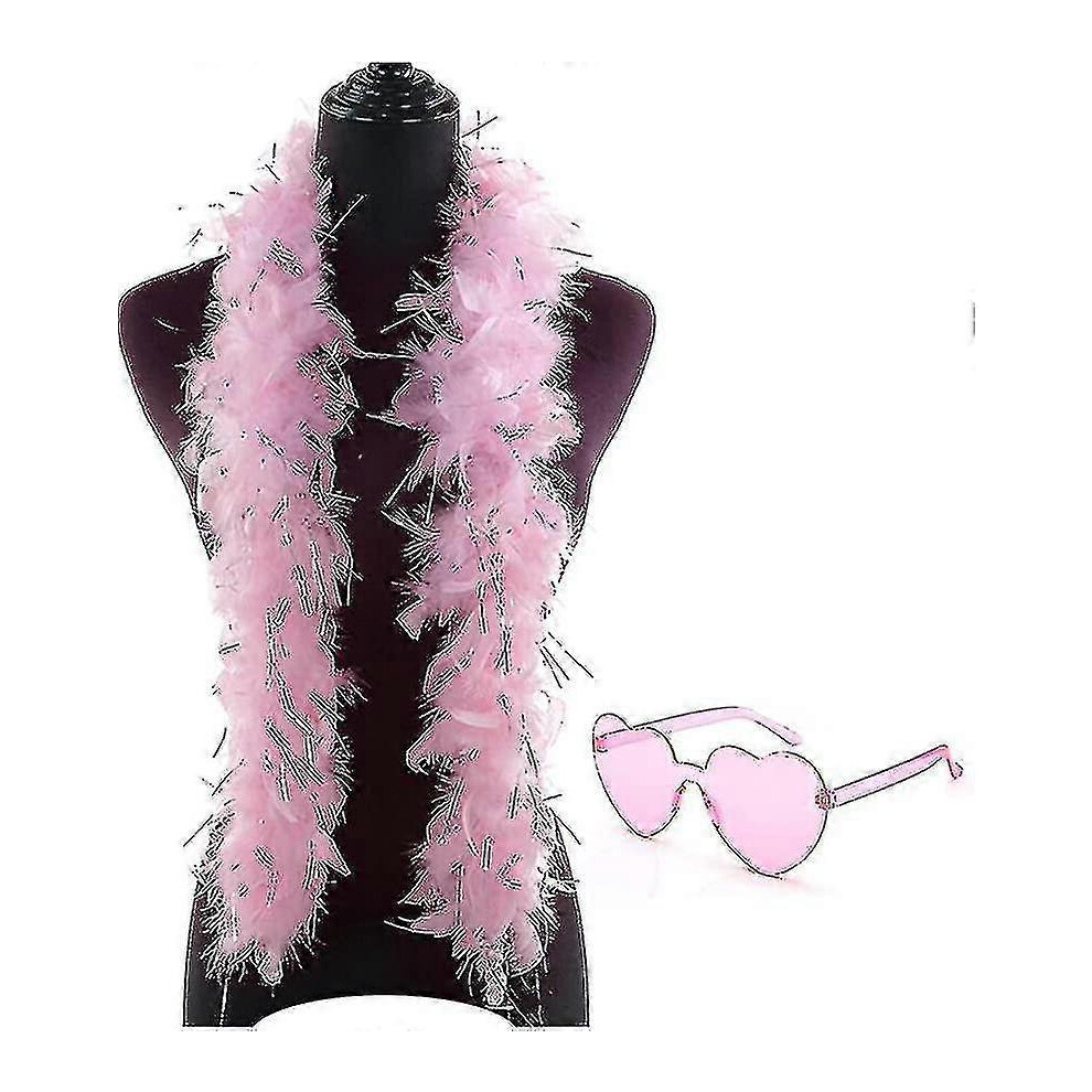 (Pink, One size) Feather Boas With Heart Rimless Sunglasses 4 Ft Feather Boa For Bachelor Party Halloween Christmas Costume Accessory
