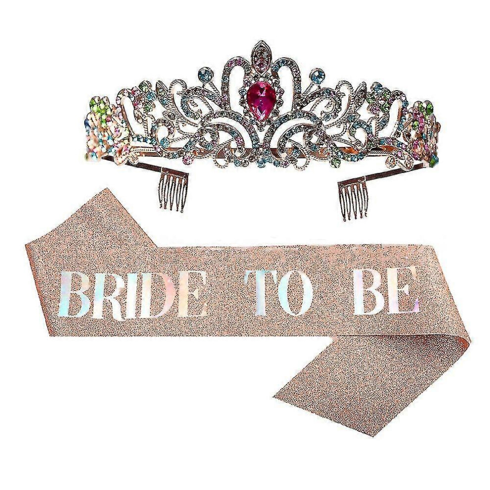 (Colorful, One size) Bride To Be Sash & Bride Crown Kits Bridal Shower Decorations Bachelorette Party Decorations Queen Princess Crown Gifts-image-OPC-PG87XX8-NEW